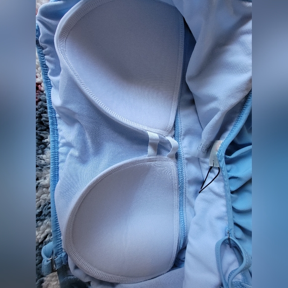 Pinkblush ruffle trim, ruched, one-piece maternity swimsuit, XL. Light blue. - Picture 6 of 7